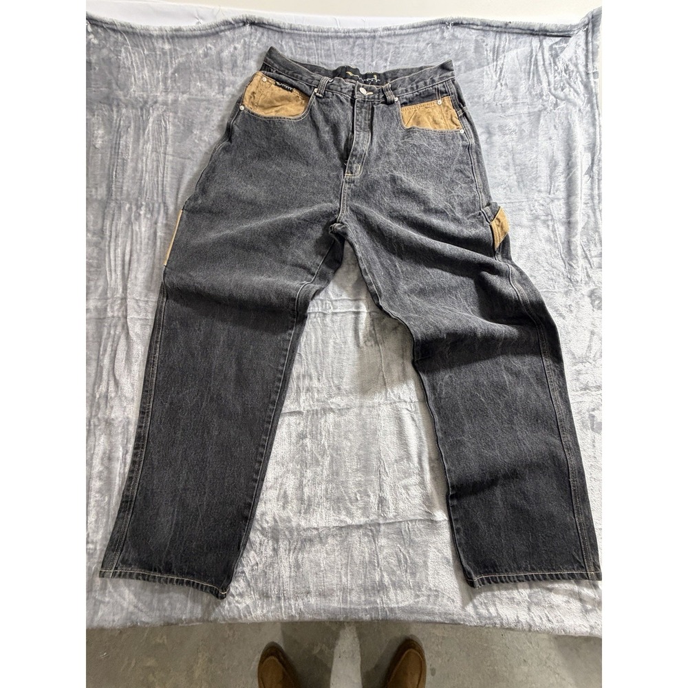 Vintage Y2K Vibes Gold Label Grunge Style Baggy Wide Leg Black Jeans Size 36x34